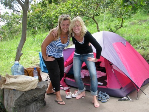 Our norwegian neighbor, Solveig, and me in front of our tent at Amahoro Island.
